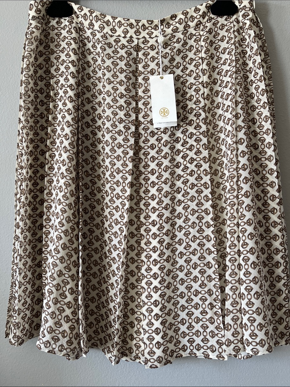 New Tory Burch silk chiffon Cream and Brown Monogram A-Line Skirt 6